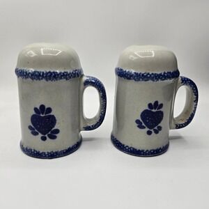 Hermitage Pottery Blue Spongeware S&P Shakers with Heart Details & Handles EUC